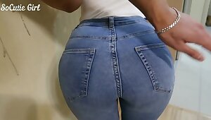 Unbelievable caboose in cock-squeezing denim makes a stiff Blowjob.